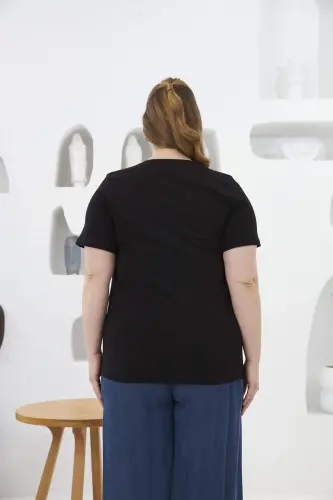 Stone Embroidered Cherry Patterned Plus Size T-Shirt Black - 4