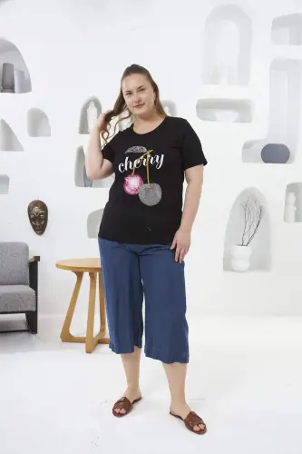 Stone Embroidered Cherry Patterned Plus Size T-Shirt Black - 5