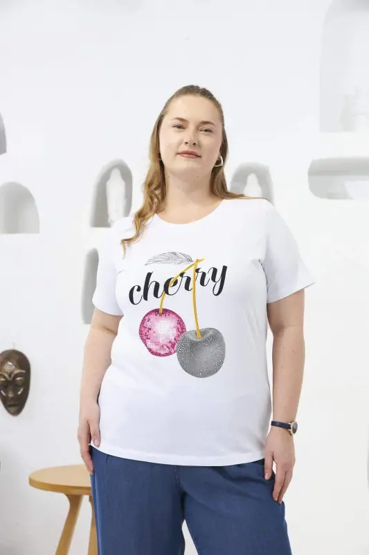 Stone Embroidered Cherry Patterned Plus Size T-Shirt White - 1