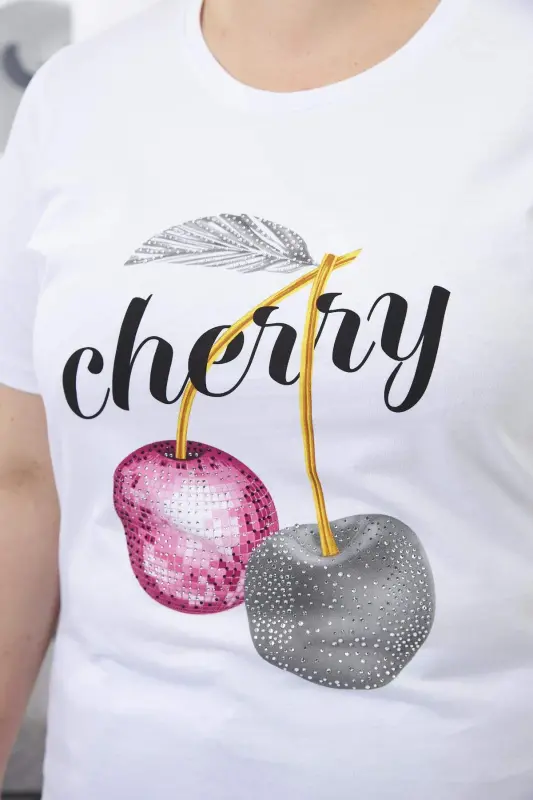Stone Embroidered Cherry Patterned Plus Size T-Shirt White - 2
