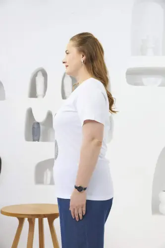 Stone Embroidered Cherry Patterned Plus Size T-Shirt White - 3