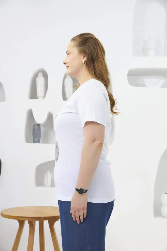 Stone Embroidered Cherry Patterned Plus Size T-Shirt White - 3