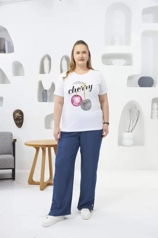 Stone Embroidered Cherry Patterned Plus Size T-Shirt White - 4