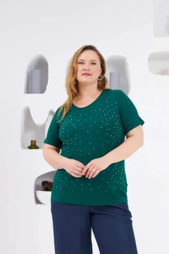 Stone Embroidered Crew Neck Plus Size T-Shirt Emerald - 10
