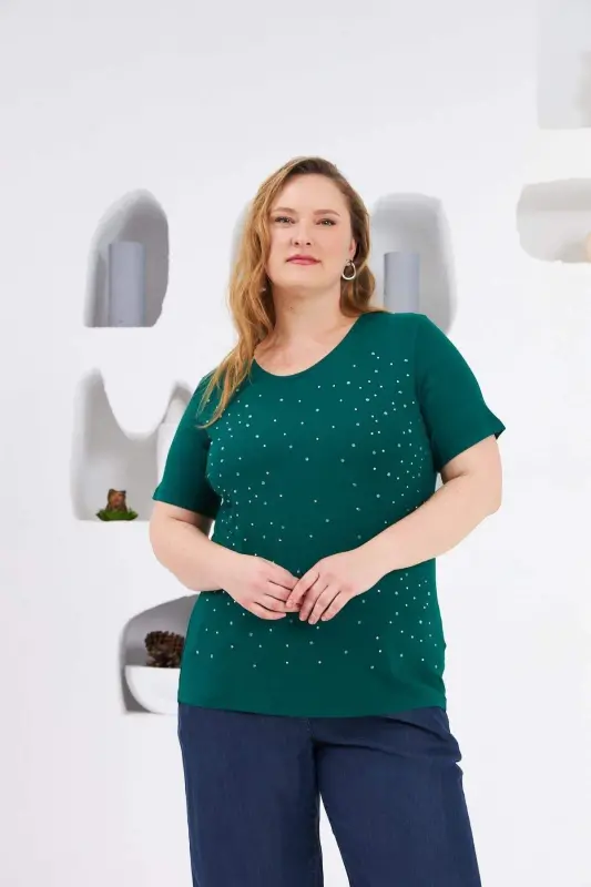 Stone Embroidered Crew Neck Plus Size T-Shirt Emerald - 10