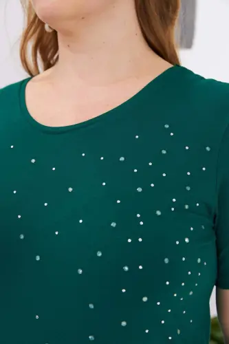 Stone Embroidered Crew Neck Plus Size T-Shirt Emerald - BÜYÜKBEDENIZ (1)