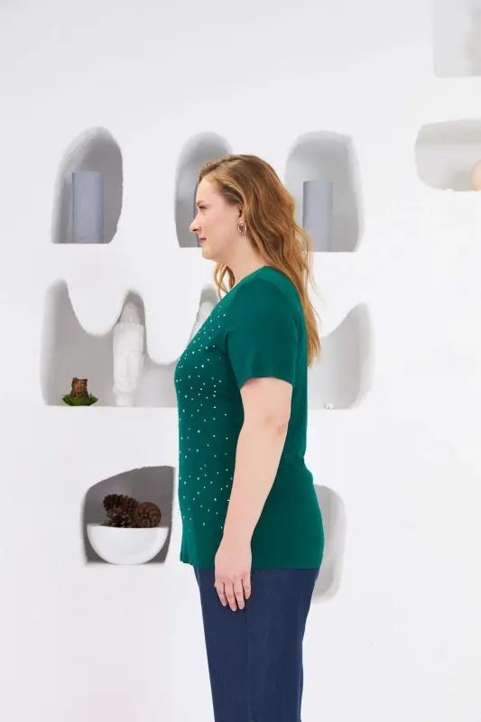 Stone Embroidered Crew Neck Plus Size T-Shirt Emerald - 8