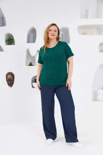 Stone Embroidered Crew Neck Plus Size T-Shirt Emerald - 4