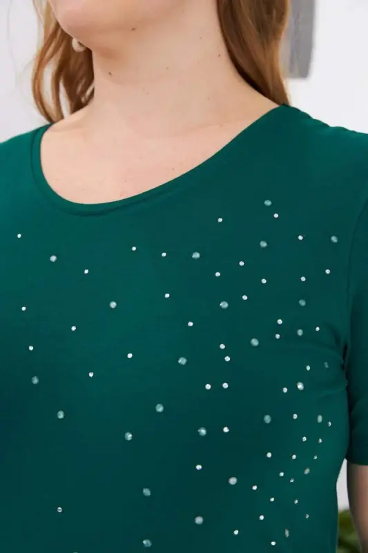 Stone Embroidered Crew Neck Plus Size T-Shirt Emerald - 2