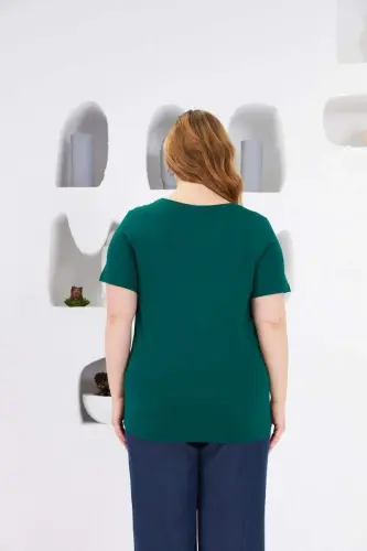 Stone Embroidered Crew Neck Plus Size T-Shirt Emerald - 5