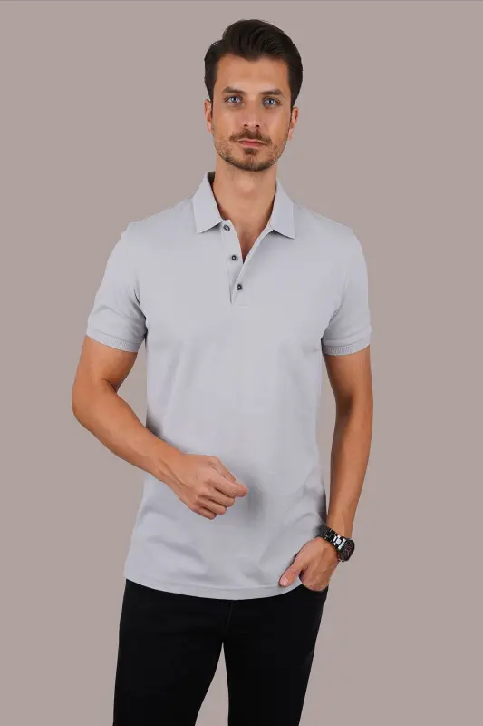 Stone Gray Collar Patterned Men's Polo Neck T-Shirt-Stone Gray - 6