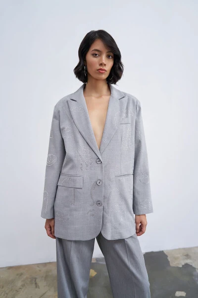 Stone Pattern Double Breasted Oversize Blazer Jacket Light Grey - Modazone