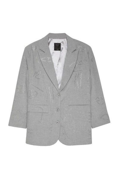Stone Pattern Double Breasted Oversize Blazer Jacket Light Grey - Modazone (1)