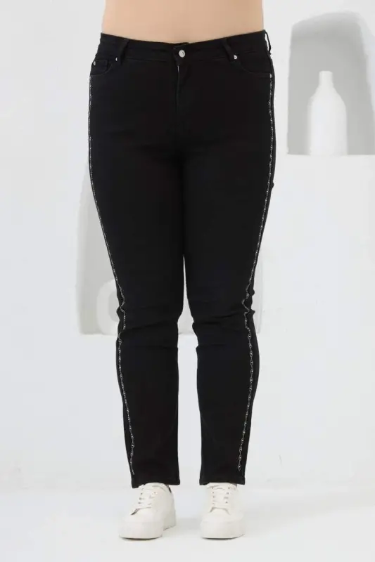 Stone Print Plus Size Black Denim Pants - BÜYÜKBEDENIZ