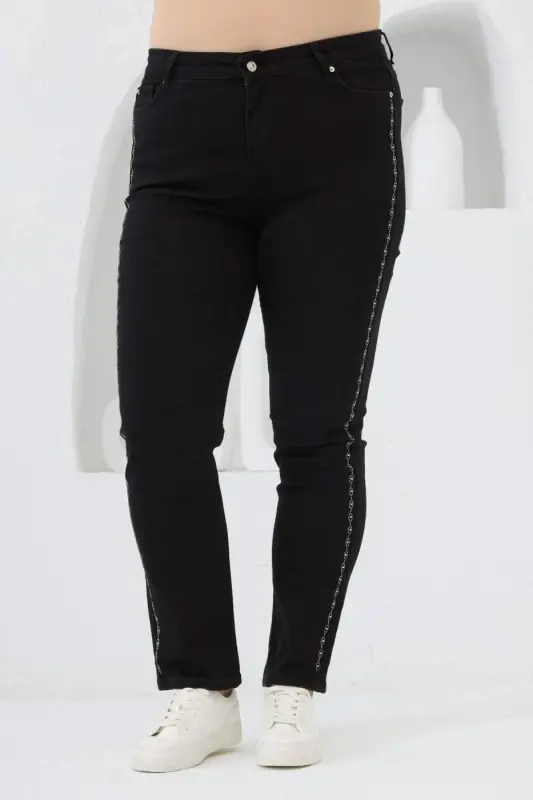 Stone Print Plus Size Black Denim Pants - 4