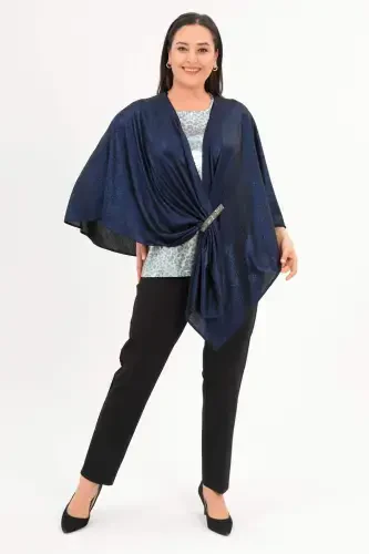 Stone Printed Shiny Formal Navy Blue Shawl Poncho - 1