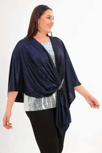 Stone Printed Shiny Formal Navy Blue Shawl Poncho - 2
