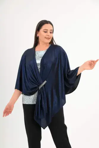 Stone Printed Shiny Formal Navy Blue Shawl Poncho - 3