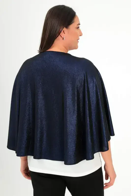Stone Printed Shiny Formal Navy Blue Shawl Poncho - 4