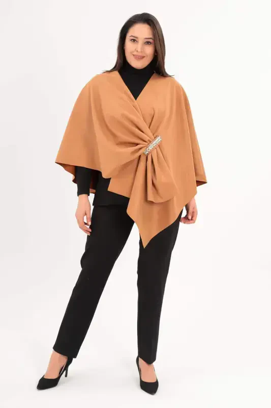 Stone Printed Suede Camel Shawl Poncho - 1