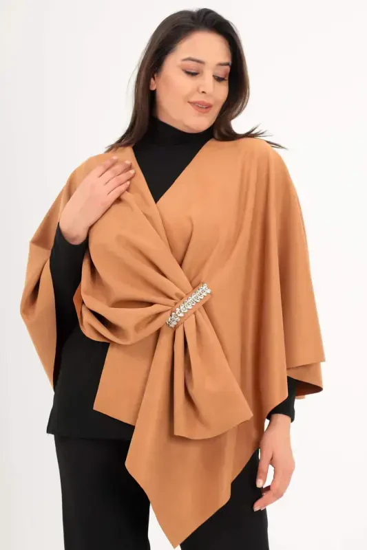 Stone Printed Suede Camel Shawl Poncho - 2