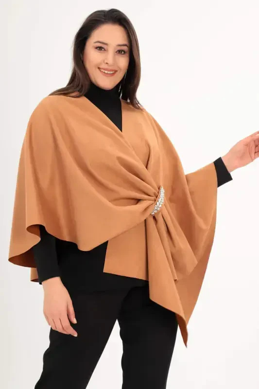 Stone Printed Suede Camel Shawl Poncho - 4