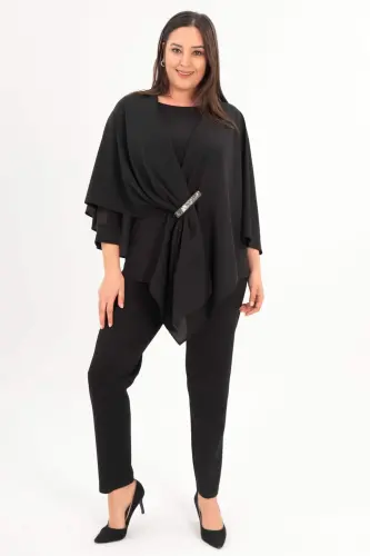 Stone Printed Woven Black Shawl Poncho - 1