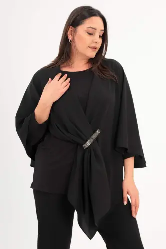 Stone Printed Woven Black Shawl Poncho - 3