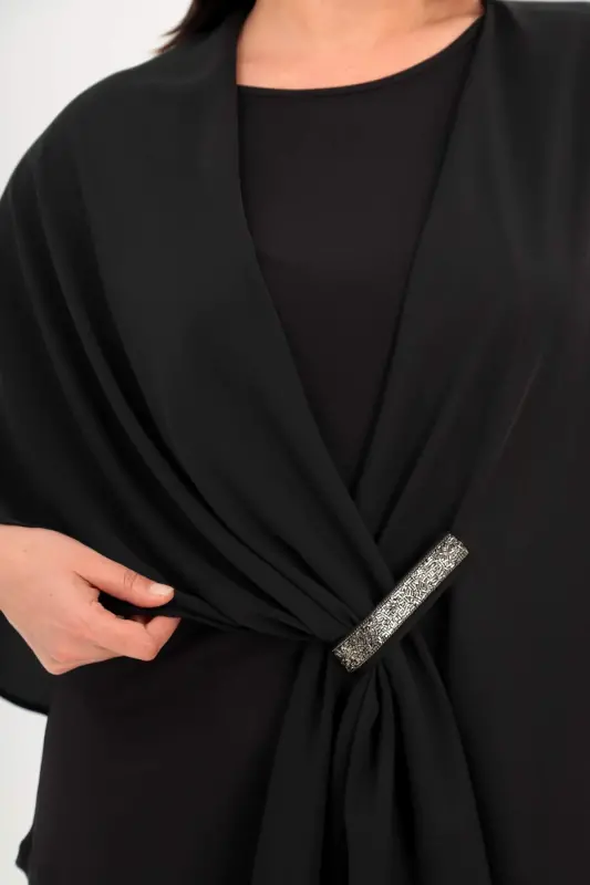 Stone Printed Woven Black Shawl Poncho - 4