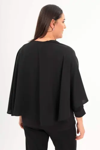 Stone Printed Woven Black Shawl Poncho - 5