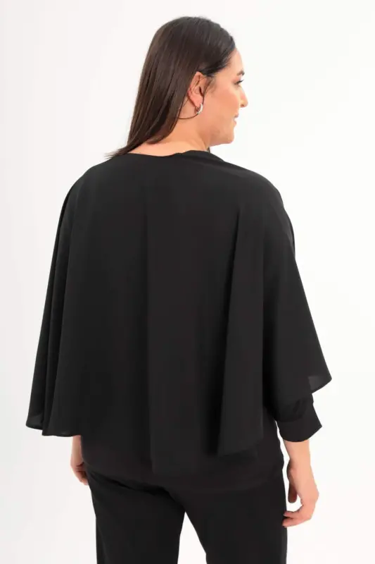 Stone Printed Woven Black Shawl Poncho - 5