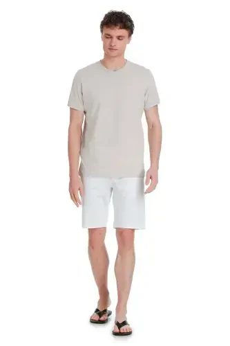 Stone Regular Fit 100% Cotton V-Neck T-Shirt-Stone - HATEMOĞLU (1)