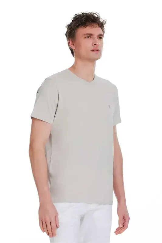 Stone Regular Fit 100% Cotton V-Neck T-Shirt-Stone - 3