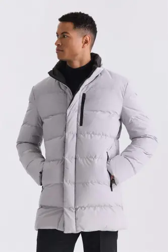 Stone Regular Fit Mandarin Collar Zipped Winter Puffer Jacket 