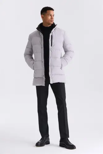 Stone Regular Fit Mandarin Collar Zipped Winter Puffer Jacket - 2