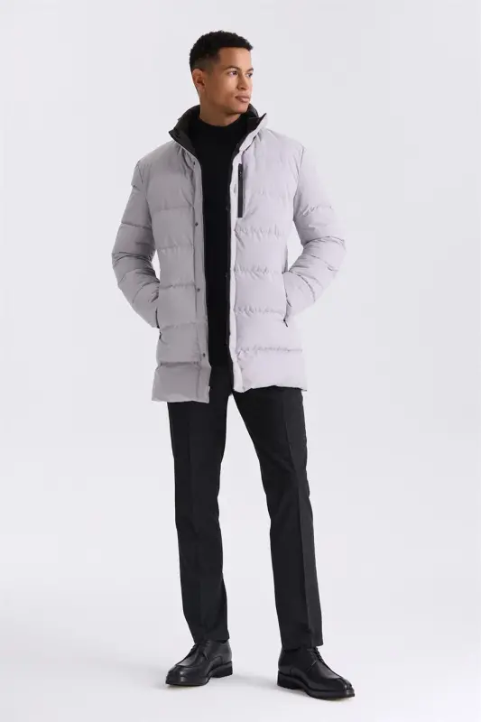 Stone Regular Fit Mandarin Collar Zipped Winter Puffer Jacket - 2