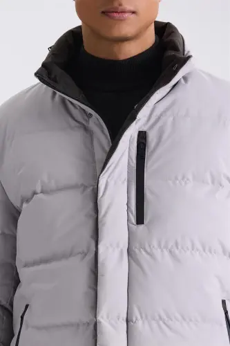 Stone Regular Fit Mandarin Collar Zipped Winter Puffer Jacket - 3