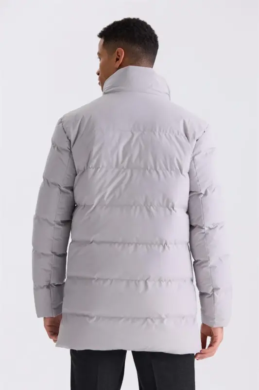 Stone Regular Fit Mandarin Collar Zipped Winter Puffer Jacket - 4