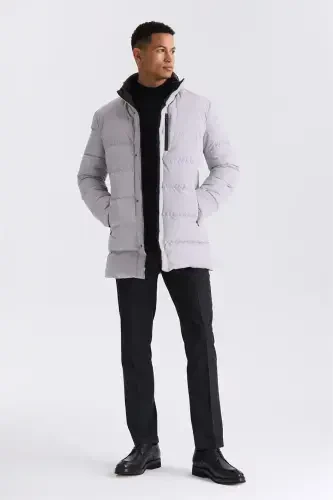 Stone Regular Fit Mandarin Collar Zippered Winter Puffer Jacket - 2
