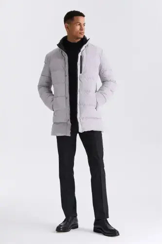 Stone Regular Fit Mandarin Collar Zippered Winter Puffer Jacket - 2