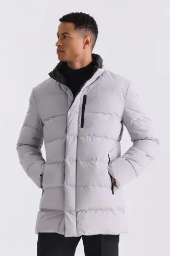 Stone Regular Fit Mandarin Collar Zippered Winter Puffer Jacket 