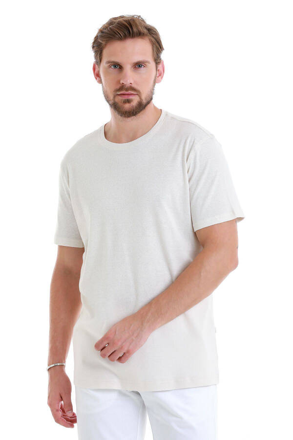 Stone Regular Fit Plain Crew Neck Linen T-Shirt-Stone - 1