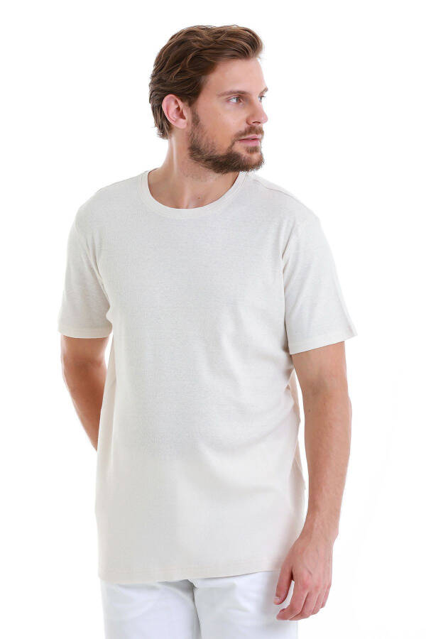 Stone Regular Fit Plain Crew Neck Linen T-Shirt-Stone - 4