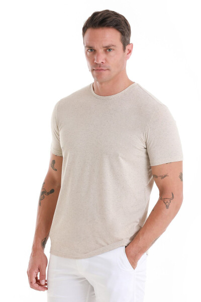 Stone Regular Fit Plain Crew Neck Linen T-Shirt-Stone - HATEMOĞLU