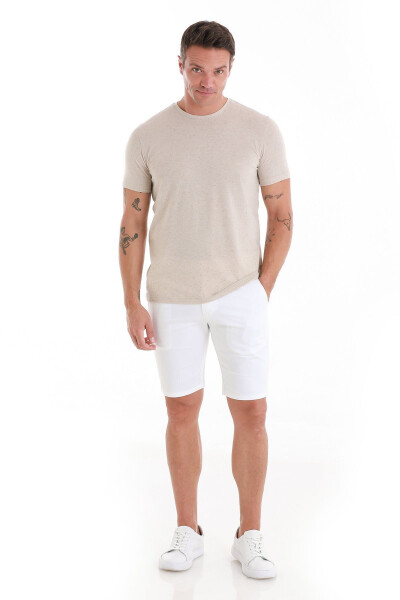 Stone Regular Fit Plain Crew Neck Linen T-Shirt-Stone - HATEMOĞLU (1)