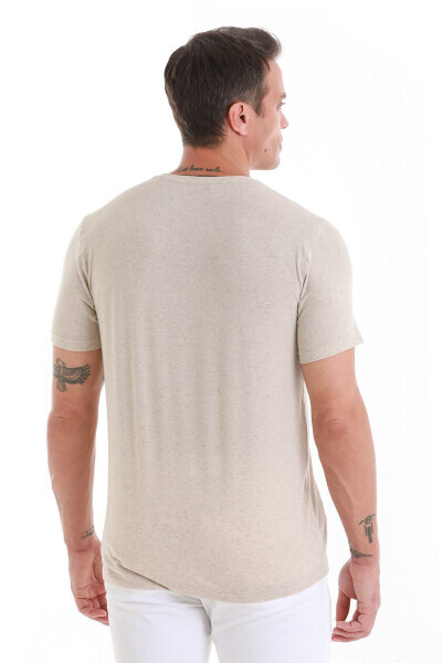 Stone Regular Fit Plain Crew Neck Linen T-Shirt-Stone - 6