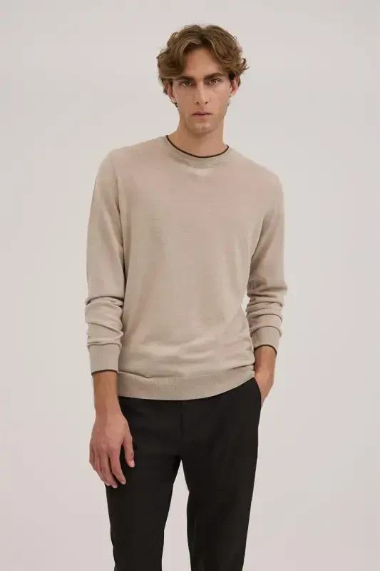 Stone Slim Fit Crew Neck V Textured Wool Knit Sweater - 1