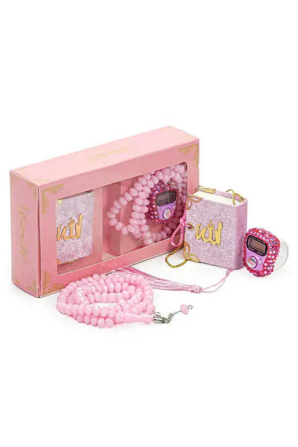 Stone-Studded Mini Quran with Electronic Tasbih and Crystal Stone Prayer Beads, Haj Umrah Gift Set, Pink - 1
