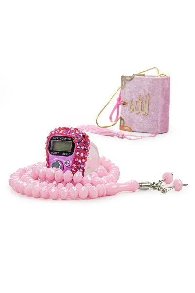Stone-Studded Mini Quran with Electronic Tasbih and Crystal Stone Prayer Beads, Haj Umrah Gift Set, Pink - 3