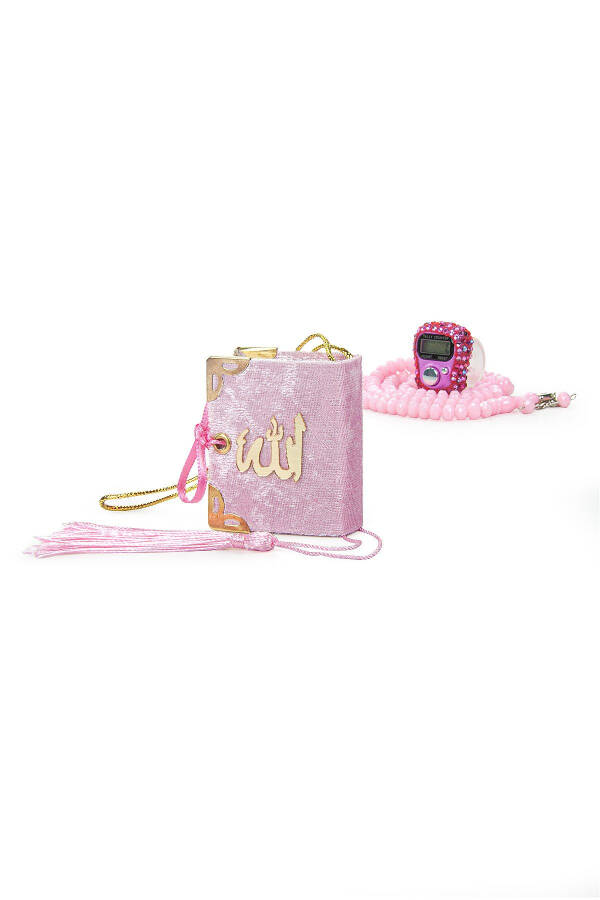Stone-Studded Mini Quran with Electronic Tasbih and Crystal Stone Prayer Beads, Haj Umrah Gift Set, Pink - 4